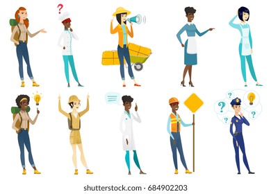Beruf für Frauen - Straßenbauer, Tourist, Chefkoch, Haushälterin, Arzt, Polizist Frau, Bauer, der zu Megaphon spricht. Satz von Vektorgrafiken mit flachem Design, einzeln auf weißem Hintergrund.