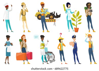 Profession set for women - road builder, tourist, chief-cooker, housekeeper, nurse with wheelchair, police woman, farmer. Set of vector flat design illustrations isolated on white background.