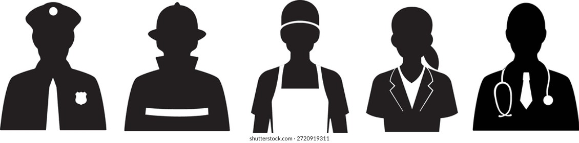 Profissão silhueta vetor isolado clip art. Pessoas em uniforme de trabalho como policial, médico, bombeiro, empresário ilustração para ativo, ícone, cartaz