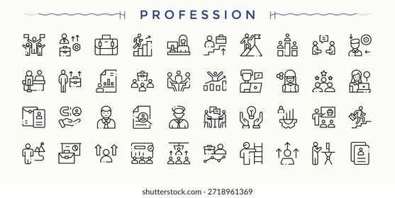 Profissão simples conjunto de ícones. Ícones lineares modernos. Ilustração vetorial. Conjunto de ícones de linha de negócios. Incluído comércio, econômico, negócios, profissional, organização, empresa e muito mais.