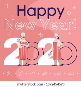 Profession social media post mockup. Happy new year 2020 phrase. Web banner design template. Butchers with meat knifes booster, content layout with inscription. Poster, print ads and flat illustration