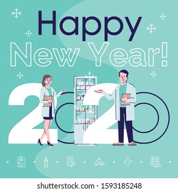 Profession social media post mockup. Happy new year 2020 phrase. Medicine cabinet. Web banner design template. Pharmacists booster, content layout, inscription. Poster, print ads and flat illustration