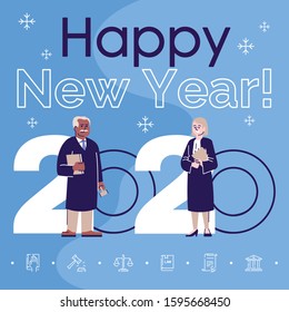 Profession social media post mockup. Happy new year 2020 phrase. Web banner design template. Judge and attorney. Lawyers booster, content layout, inscription. Poster, print ads and flat illustration