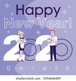 Profession social media post mockup. Happy new year 2020 phrase. Web banner design template. Housekeepers in uniform. Cleaners booster, content layout, inscription. Poster, print ad, flat illustration