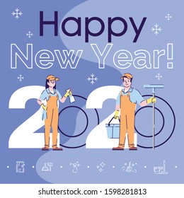Profession social media post mockup. Happy new year 2020 phrase. Web banner design template. Cleaners. Window washers booster, content layout with inscription. Poster, print ads and flat illustration