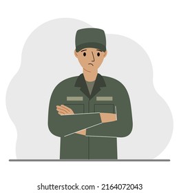 The profession of a soldier. A man in military uniform. Army and military concept. Vector flat illustration