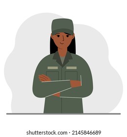 The profession of a soldier. A woman in military uniform. Army and military concept. Vector flat illustration