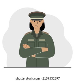 The profession of a soldier. A woman in military uniform. Army and military concept. Vector flat illustration