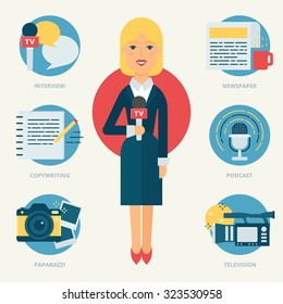 Profession: TV reporter, Journalist. Vector illustration, flat style