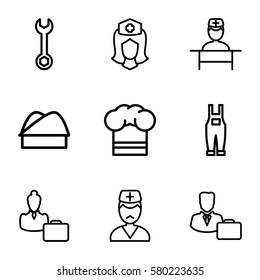 profession vector icons. Set of 9 profession outline icons such as wrench, gardener jumpsuit, nurse, doctor, male consultant   with case, woman consultant with case