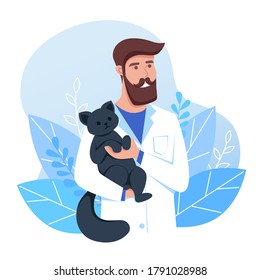 The profession is a veterinarian, a man is holding a black cat. Vet doctor curing cute pets. Vector illustration in flat style