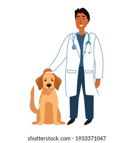 Profession veterinarian medical. Smiling vet doctor with stethoscope. Happy afro american man and cute dog isolated on background. Vector illustration cartoon style. Veterinary clinic professional.