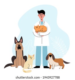 Profession veterinarian standing with cats and dogs on vet interior background. Vector illustration of man vet with animal in flat style