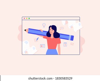 Profession writer concept. Remote work, freelance, writing texts. Flat vector illustration.