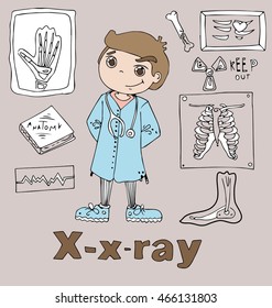 the profession x-ray  in alphabetical order cartoon hand drawn outline for coloring adult isolated on the  background
