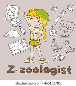 the profession zoologist in alphabetical order cartoon hand drawn outline for coloring adult isolated on the background