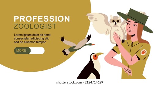 Profession zoologist horizontal banner with young female ornithologist in uniform and owl on her shoulder flat vector illustration