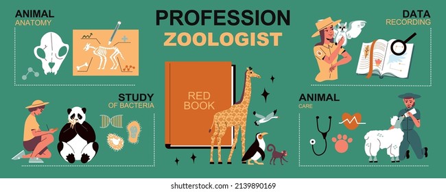 Profession zoologist infographics layout with red book animal care study of bacteria data recording sections flat vector illustration