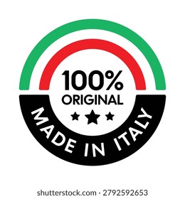 Professional 100% Original Made in Italy badge featuring Italian flag colors, star elements, and bold typography. Ideal for authentic Italian products, premium packaging, country of origin labeling, export goods, retail branding, quality assurance programs, promotional materials, and Italian-made merchandise.