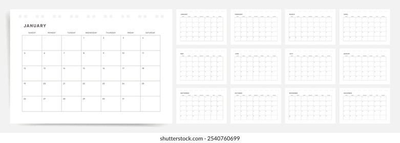 Profesional 2025 Calendario Vector, Inicio de domingo, Diseño simple, Planificador para 2025