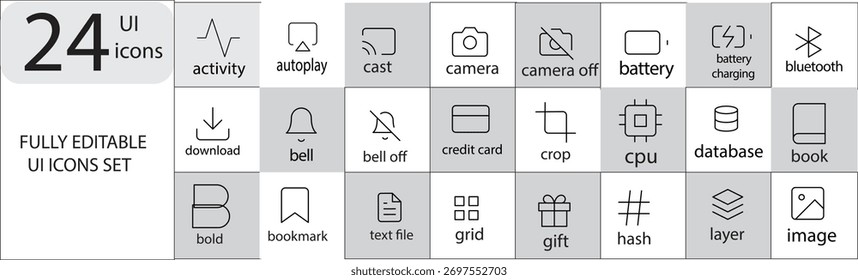 Profesional 24 UI iconos Paquete en formato Vector, diseñado con un estilo limpio, moderno y minimalista. Perfecto para Web, App móviles, paneles y proyectos de interfaz. Cada icono es totalmente editable, 