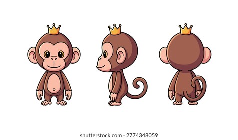 Professional 2D character sheet featuring a cute monkey king with a crown. Front, side, and back views for game development, animation, NFTs, and kid-friendly branding.