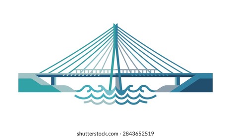 A professional 2D flat design vector graphic featuring a symmetrical cable-stayed bridge. The bridge is rendered in a cool palette of blues and teals, featuring a central pylon with supporting cables. Beneath the structure, abstract geometric waves represent water. The design is clean, modern, and isolated on a white background, ideal for logos, branding, or architectural icons.