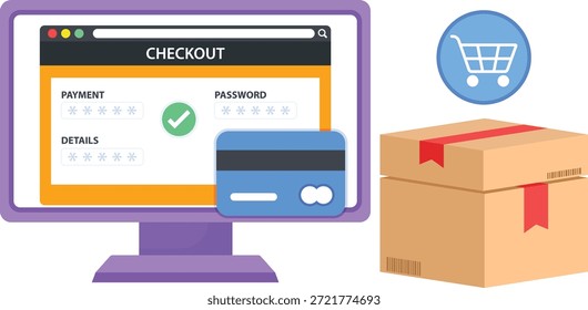 A professional 2D flat illustration showcasing an online checkout process on a desktop monitor. The interface features secure payment and password fields with a success checkmark, accompanied by a blue credit card, a shopping cart icon, and stacked cardboard boxes representing order fulfillment and shipping.