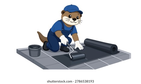 Professional 2D illustration of a cute otter mascot wearing blue overalls and a cap, applying a black waterproofing membrane layer onto a tiled floor.