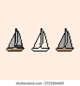 Un recurso profesional de pixel art en 2D que presenta tres versiones de un velero clásico: una versión totalmente sombreada y texturizada, un contorno de arte lineal limpio y una versión de color plano. Ideal para juegos indie de temática marítima, iconos de interfaz de usuario náutica y decoraciones de mapas retro.