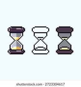 A professional 2D pixel art asset featuring three versions of a classic hourglass: a detailed shaded version with golden sand and glass reflections, a clean line art outline, and a flat colored version.