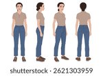 Professional 2D Vector Female Character Views – Turnaround Sheet Features Front Side Back 3 Quarter – Animation Ready Clean Design