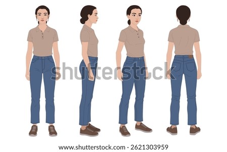 Professional 2D Vector Female Character Views – Turnaround Sheet Features Front Side Back 3 Quarter – Animation Ready Clean Design