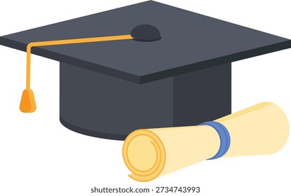 Uma ilustração vetorial 2D profissional que retrata uma argamassa de graduação preta clássica com uma borla de ouro ao lado de um rolo de diploma laminado amarrado com uma fita azul. Este ícone limpo e moderno é ideal para plataformas educacionais, anúncios de formatura, sites escolares e projetos que celebram o sucesso acadêmico e de carreira.