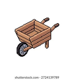 Profesional 32-bit pixel art sprite de una carretilla vacía con tablones de roble rústico aislado en blanco