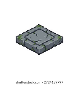 Professionelles 32-Bit Pixel Art Sprite einer verwitterten grauen Steinfasskachel mit Moos einzeln auf Weiß