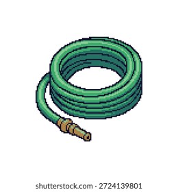 Profesional 32-bit pixel art sprite de una manguera de jardín verde en espiral con accesorios de latón aislados en blanco