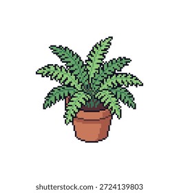 Profesional 32-bit pixel art sprite de un helecho en maceta con exuberante follaje verde aislado en blanco