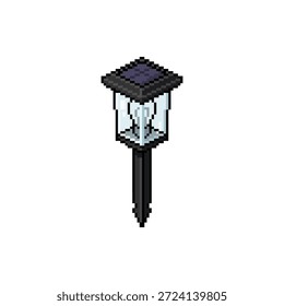 Profesional 32-bit pixel art sprite de una luz solar con estaca negra y tapa fotovoltaica aislado en blanco
