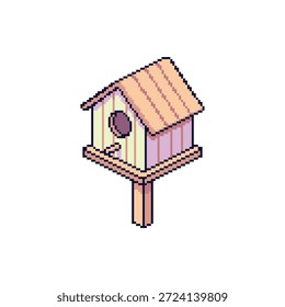 Profesional 32-bit pixel art sprite de un pajarero de madera con un encantador techo rústico aislado en blanco