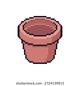 Profesional 32-bit pixel art sprite de una olla de terracota marrón rojizo con un borde distinto aislado en blanco