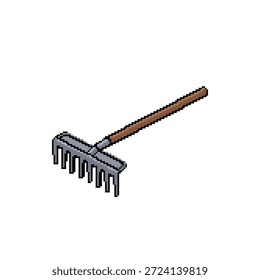 Professionelles 32-Bit Pixel Art Sprite einer Gartenrechen mit langem Griff und Metallzinken einzeln auf Weiß
