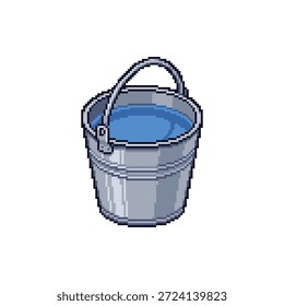 Profesional 32-bit pixel art sprite de un cubo de agua de metal lleno de agua azul aislado en blanco