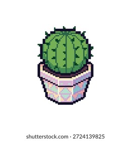 Profesional 32-bit pixel art sprite de un cactus redondo en una olla decorativa aislada en blanco