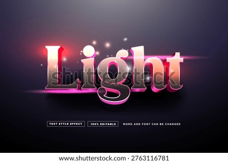 Professional 3D editable text style template titled "Light." This design showcases an elegant serif typography with a realistic silver metallic texture and striking neon pink-to-purple glowing reflections. The effect is enhanced by horizontal light flares, magical glowing sparks, and a deep purple atmospheric background. Perfect for modern fashion branding, beauty product headlines, music covers, cinematic titles, and digital marketing graphics.