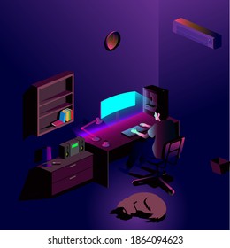 Ilustración vectorial de vista de sala isométrica de gamer
