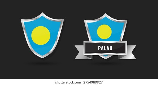 Professional 3D metallic shield and ribbon featuring the national flag of Palau. High-quality silver emblem for Palauan branding, Pacific island icons, and patriotic identity graphics.