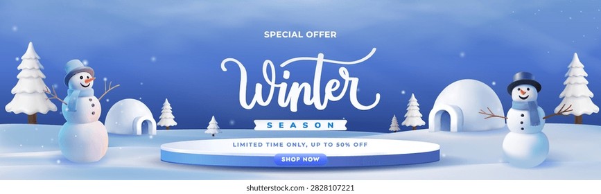 A professional 3D render banner for a winter season sale featuring cute snowmen, igloos, and snowy trees with a central podium for product placement.