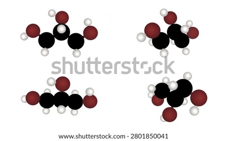 Professional 3D render of a glycerin molecule, also known as glycerol or propane-1,2,3-triol, featuring the chemical formula C3H8O3. The illustration showcases a scientific model of the atomic structure, highlighting the arrangement of carbon, oxygen, and hydrogen atoms in a spherical geometry. Each atom is depicted as a distinct colored sphere connected by bonds, providing a clear visual representation of its chemical composition for education, research, and laboratory applications. The visual composition includes multiple views of the glycerol structure, showing its spatial configuration, rotational angles, and atomic connectivity in high definition. The style is clean, modern, and educational, suitable for chemistry textbooks, scientific journals, pharmaceutical marketing, skincare product research, or educational digital content. The lighting is uniform and soft, emphasizing the three-dimensional depth and volumetric shape of the molecular balls. The background is completely transparent, allowing for seamless integration into various design projects, infographics, or presentations. This high-performance scientific visualization accurately illustrates the bonding structure, bond angles, and atomic relationships inherent in organic chemistry molecules. Detailed attention is given to the atomic coloring conventions standard in molecular modeling, with oxygen in deep red, carbon in black, and hydrogen in white. The model demonstrates clear spatial relationships and physical geometry, essential for understanding chemical kinetics, thermodynamics, and organic synthesis workflows. The crisp render quality ensures that every detail remains sharp and identifiable at various resolutions, making it ideal for technical documentation, academic articles, and professional media assets focused on chemical sciences and molecular engineering.