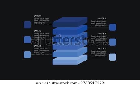 Professional 3D six layer block infographic with icons and text placeholders. Clean isometric design for business data visualization, process steps, and corporate presentations on black background.